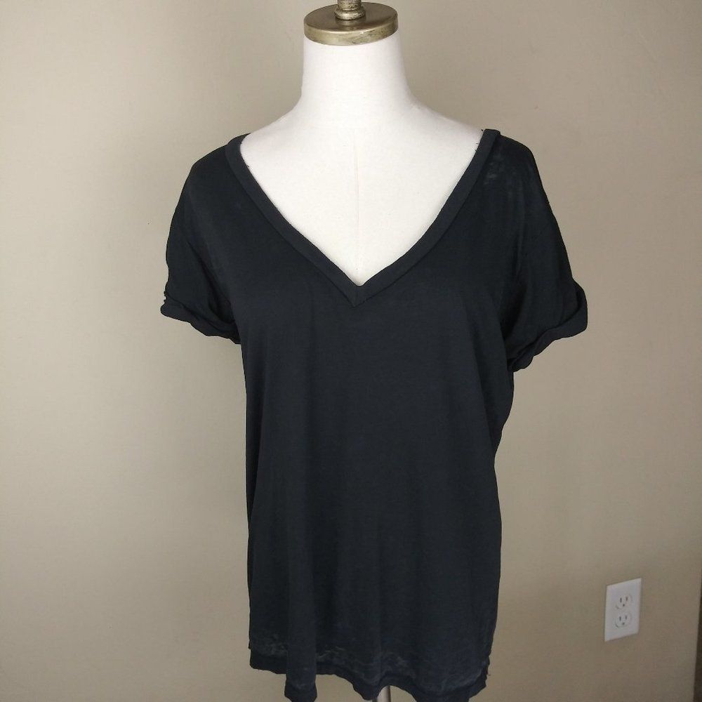 CHASER V-Neck T-Shirt, Distressed Short Sleeves, Black, Women's size M, NWT